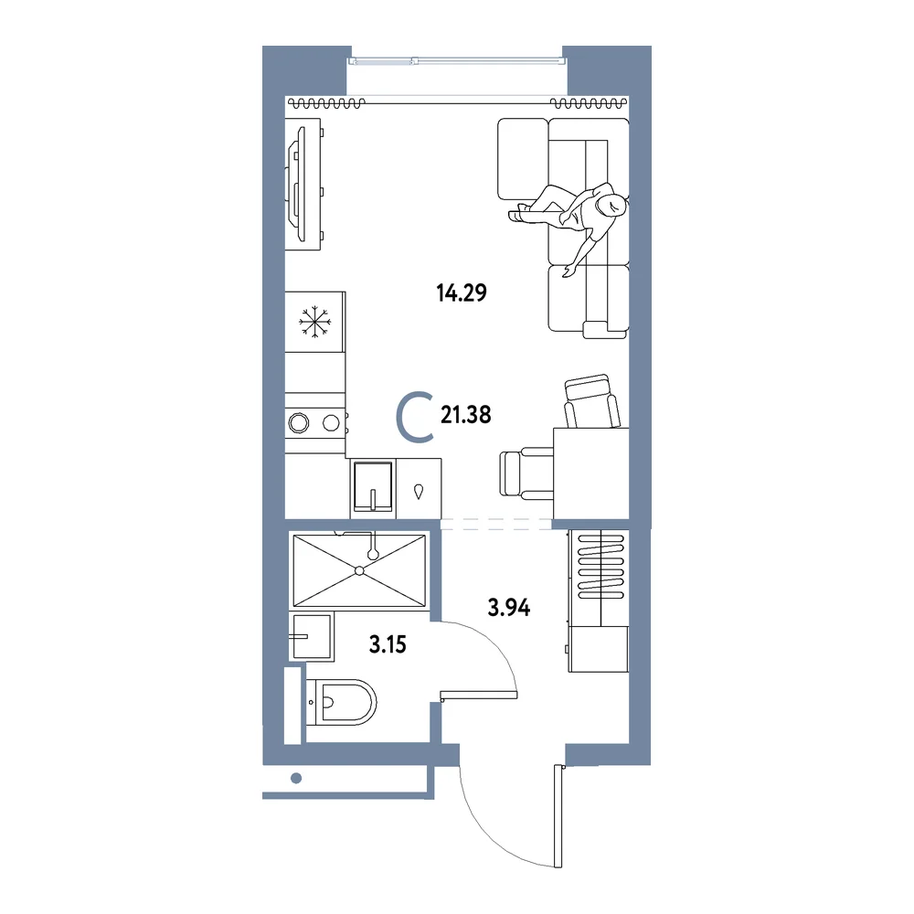Планировка: Домашний Студия 21,38м²