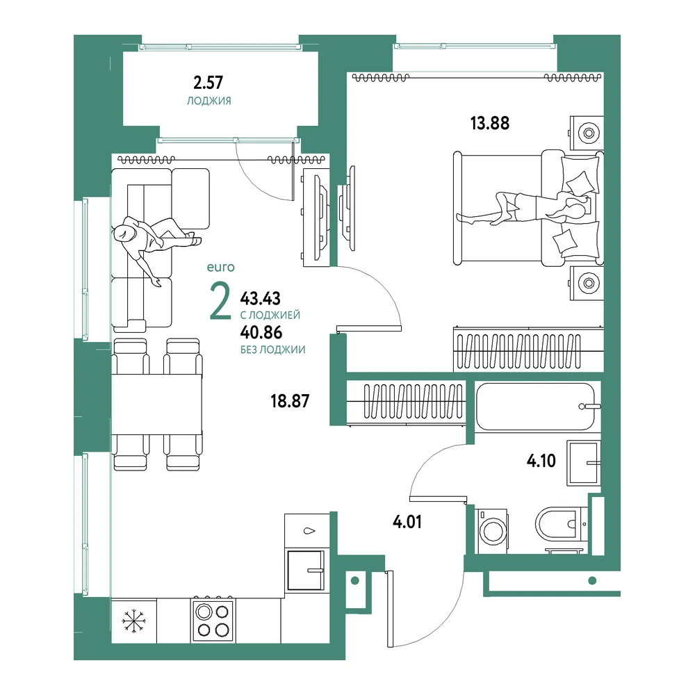 Планировка: Домашний 2-комнатная 43,43м²