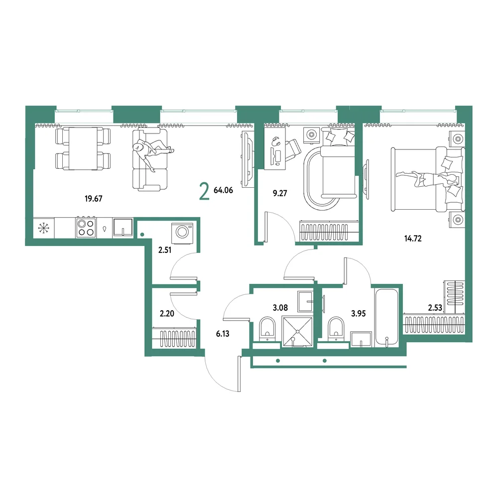 Планировка: Домашний 3-комнатная 64,06м²