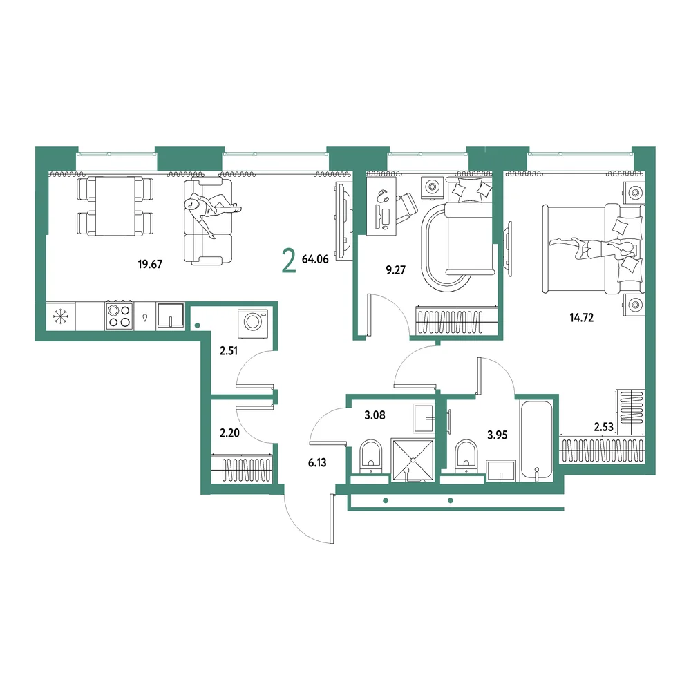 Планировка: Домашний 3-комнатная 64,06м²