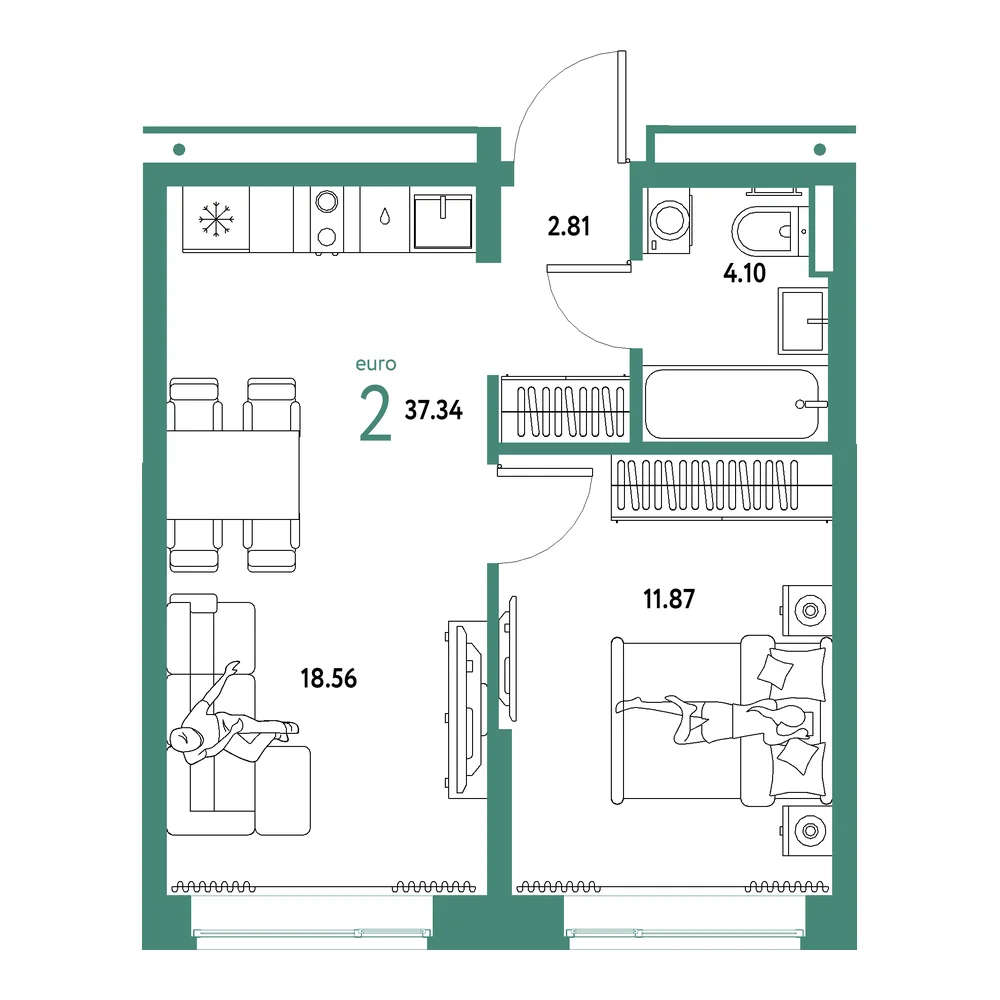 Планировка: Домашний 2-комнатная 37,34м²