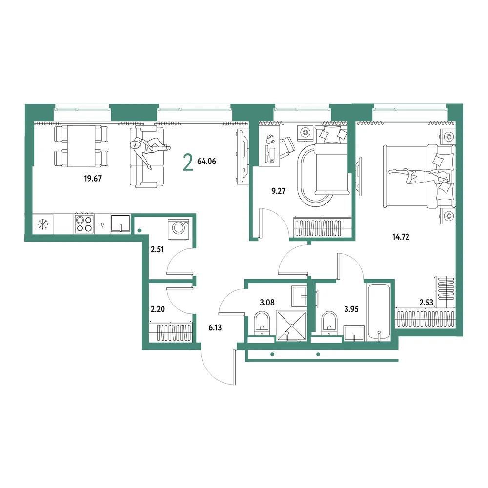 Планировка: Домашний 3-комнатная 64,06м²