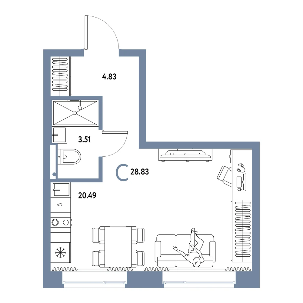 Планировка: Домашний Студия 28,83м²