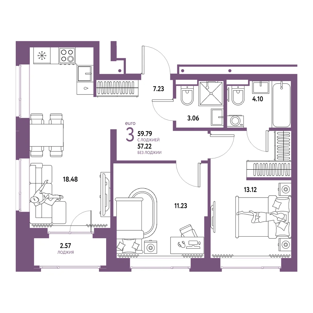 Планировка: Домашний 3-комнатная 59,79м²
