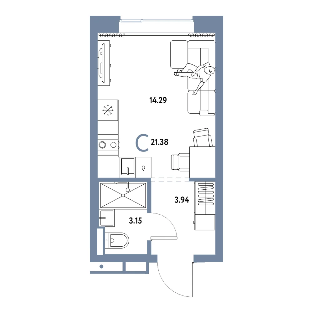 Планировка: Домашний Студия 21,38м²