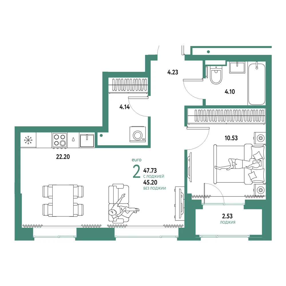 Планировка: Домашний 2-комнатная 47,73м²