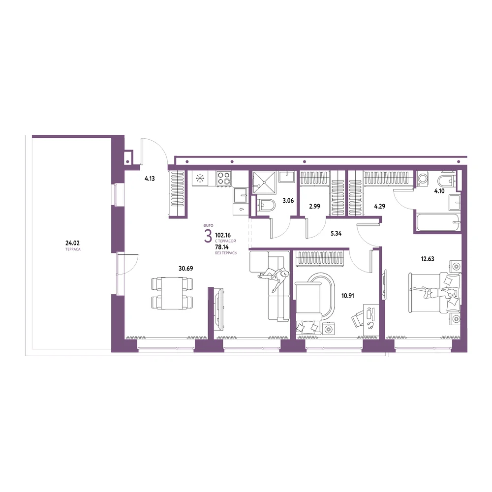 Планировка: Домашний 3-комнатная 102,16м²