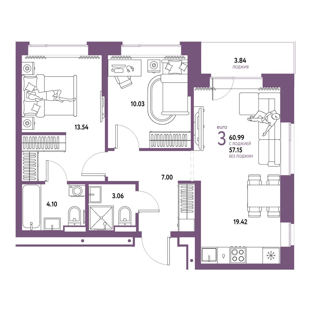Планировка: Домашний 3-комнатная 60,99м²