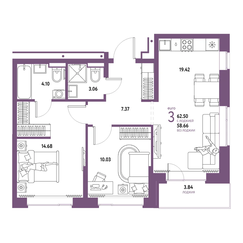 Планировка: Домашний 3-комнатная 62,50м²