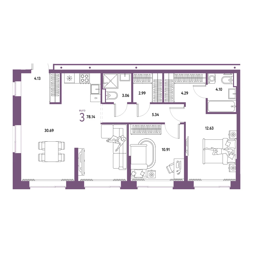 Планировка: Домашний 3-комнатная 78,14м²