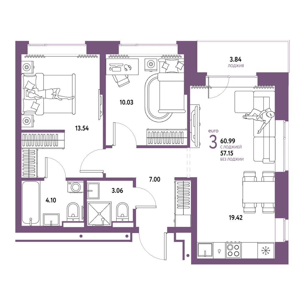 Планировка: Домашний 3-комнатная 60,99м²