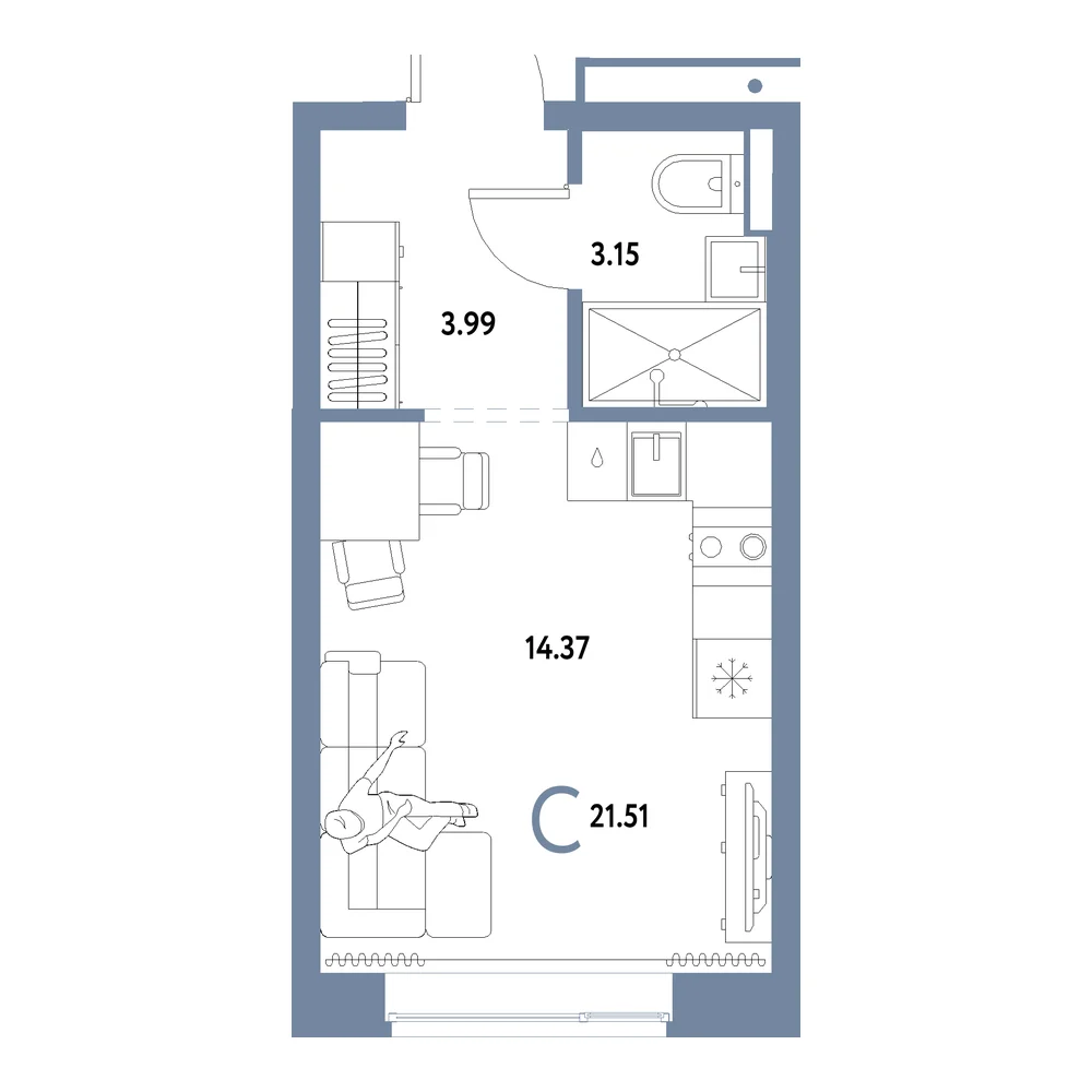 Планировка: Домашний Студия 21,51м²