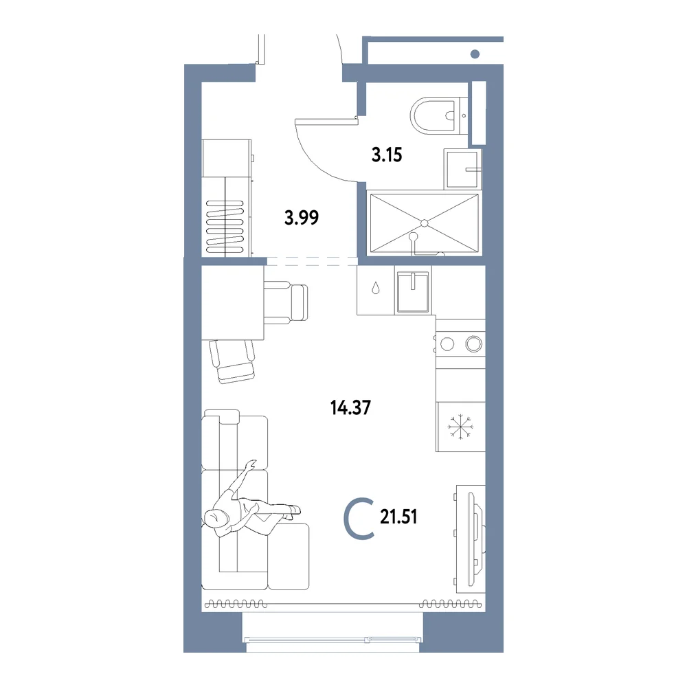 Планировка: Домашний Студия 21,51м²