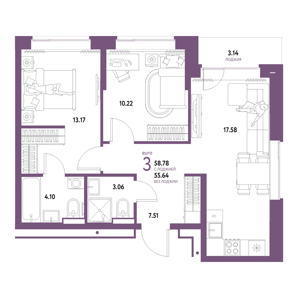 Планировка: Домашний 3-комнатная 58,78м²