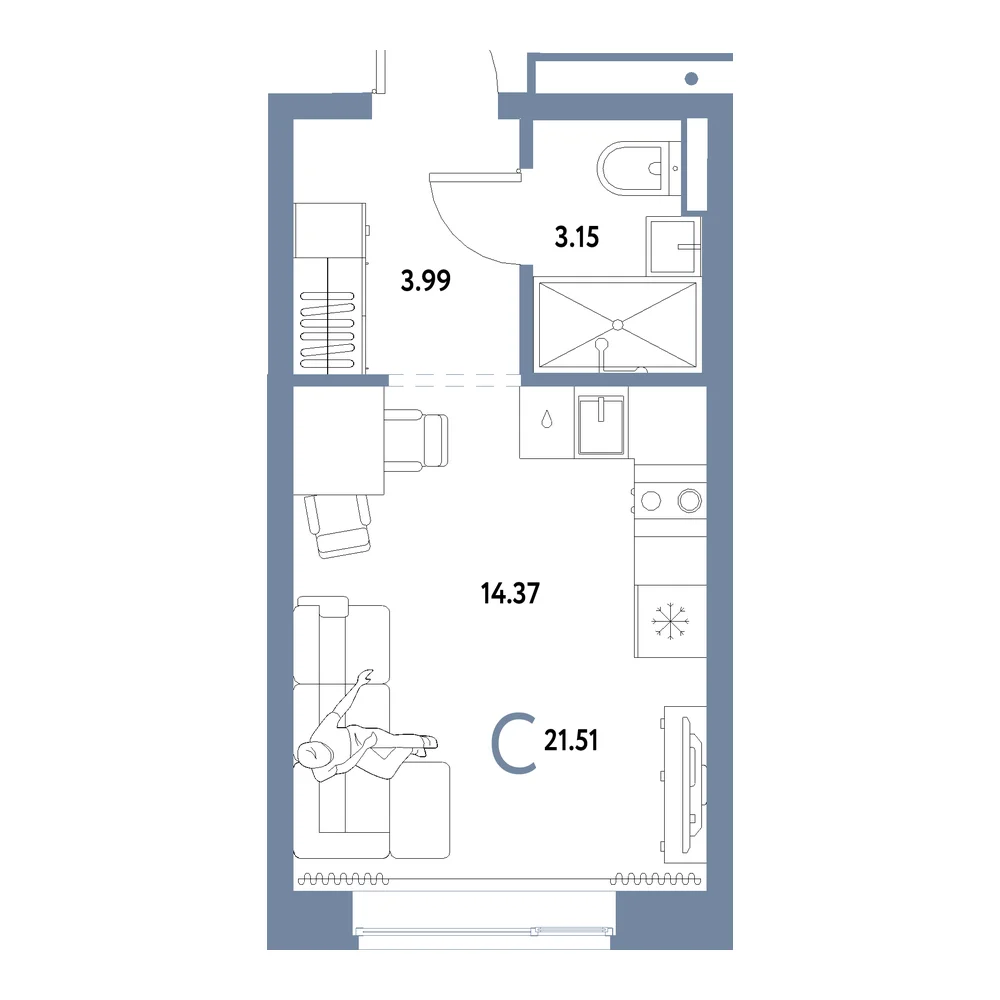 Планировка: Домашний Студия 21,51м²