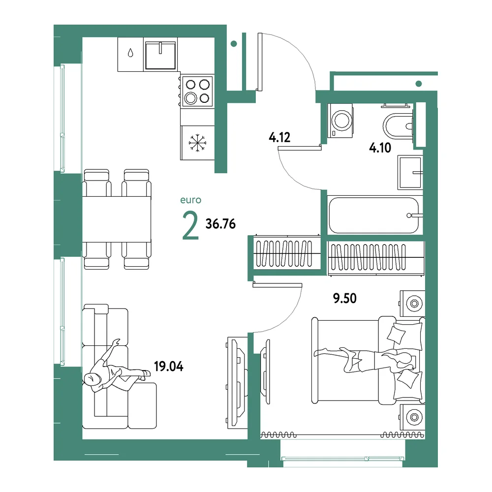 Планировка: Домашний 2-комнатная 36,76м²