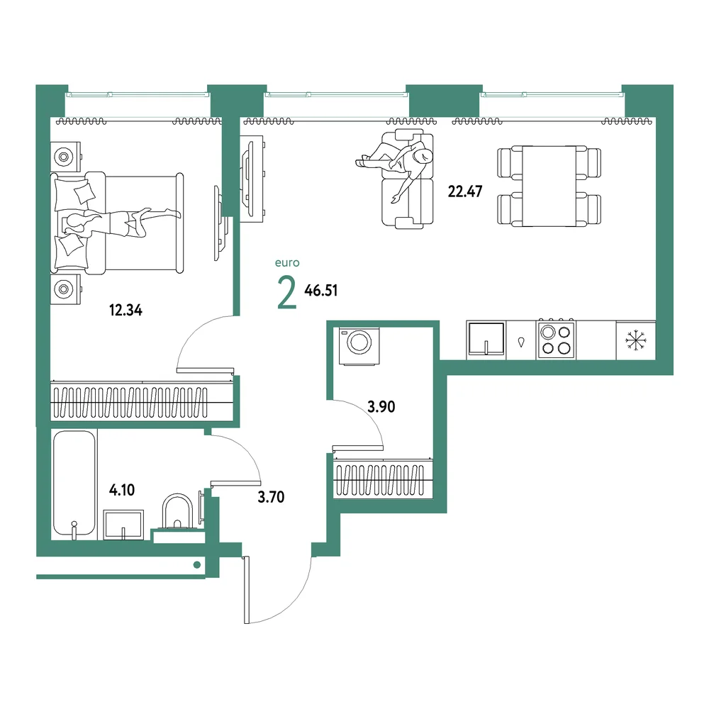 Планировка: Домашний 2-комнатная 46,51м²