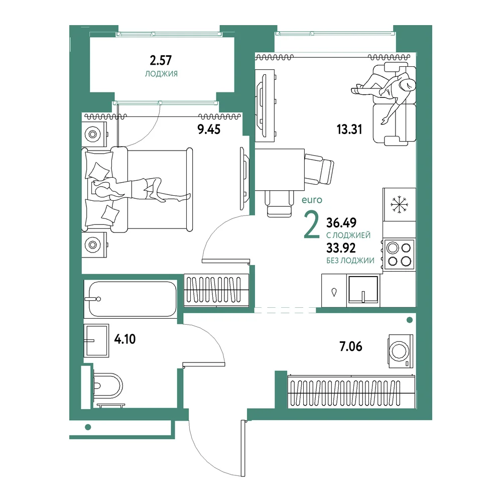 Планировка: Домашний 2-комнатная 36,49м²