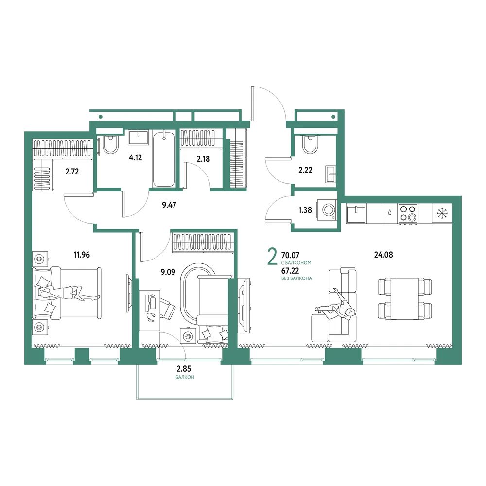 Планировка: Домашний 3-комнатная 70,07м²