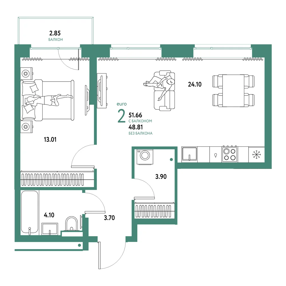 Планировка: Домашний 2-комнатная 51,66м²