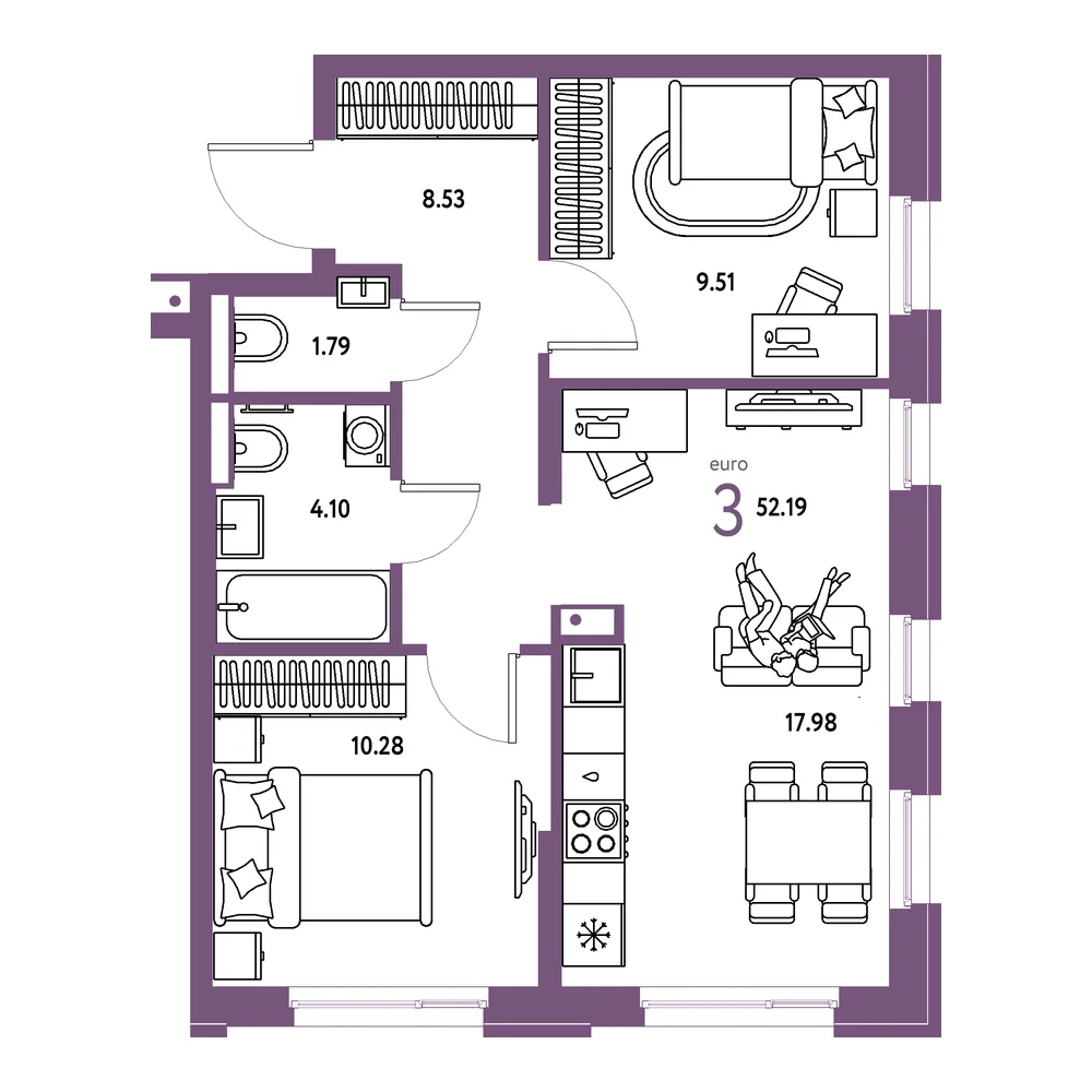 Планировка: Домашний 3-комнатная 52,19м²
