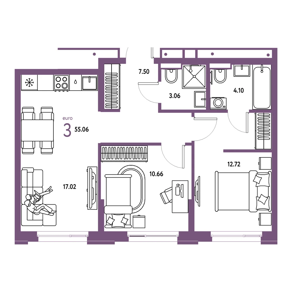 Планировка: Домашний 3-комнатная 55,06м²
