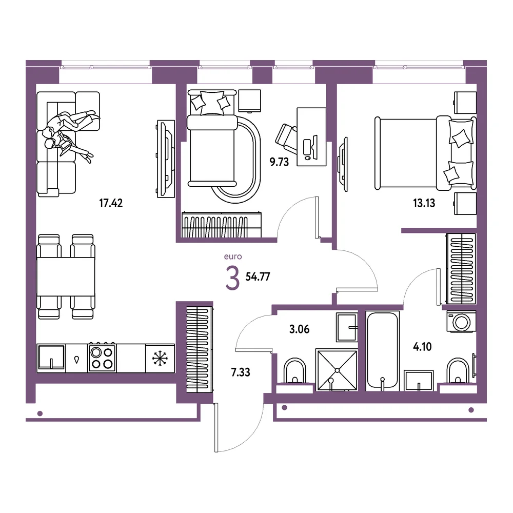 Планировка: Домашний 3-комнатная 54,77м²