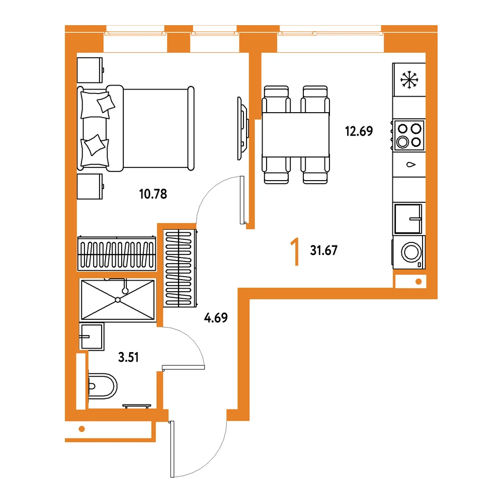 Планировка: Домашний 1-комнатная 31,67м²