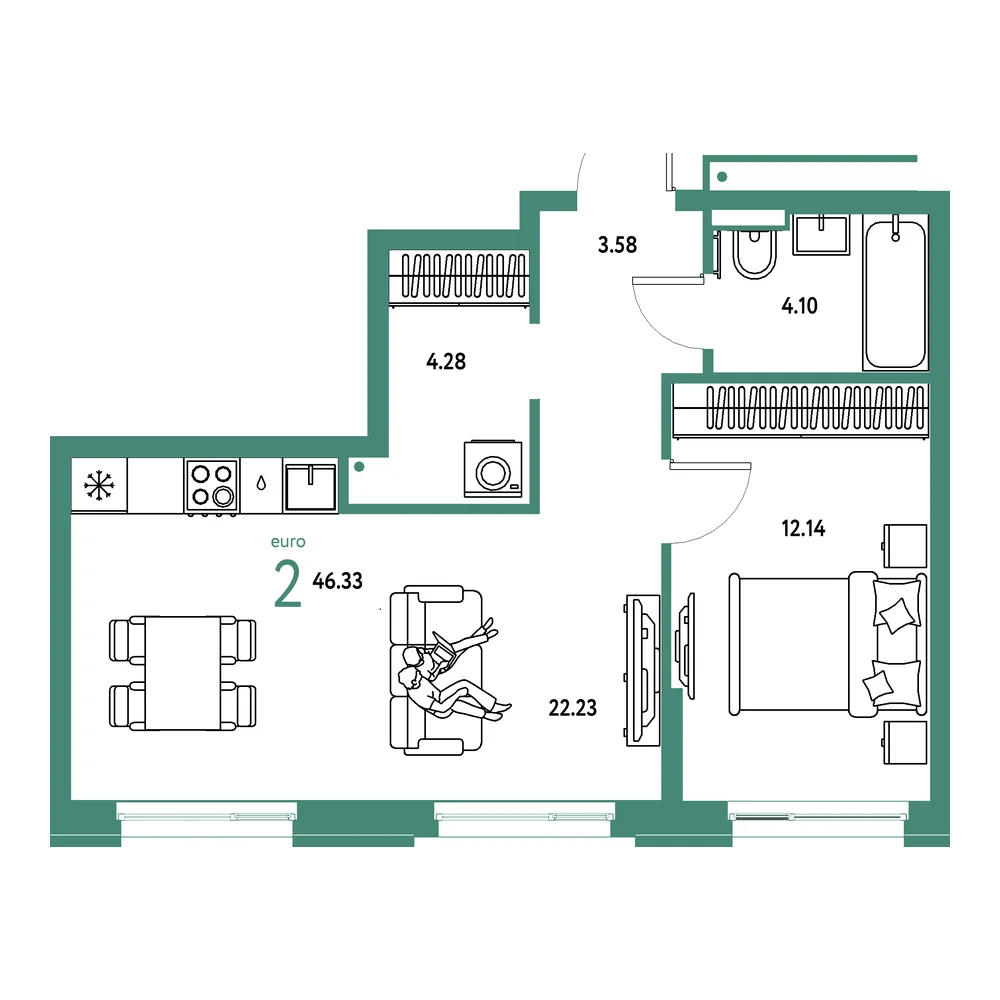 Планировка: Домашний 2-комнатная 46,33м²