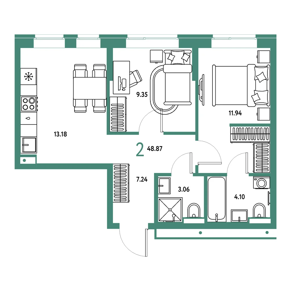 Планировка: Домашний 2-комнатная 48,87м²