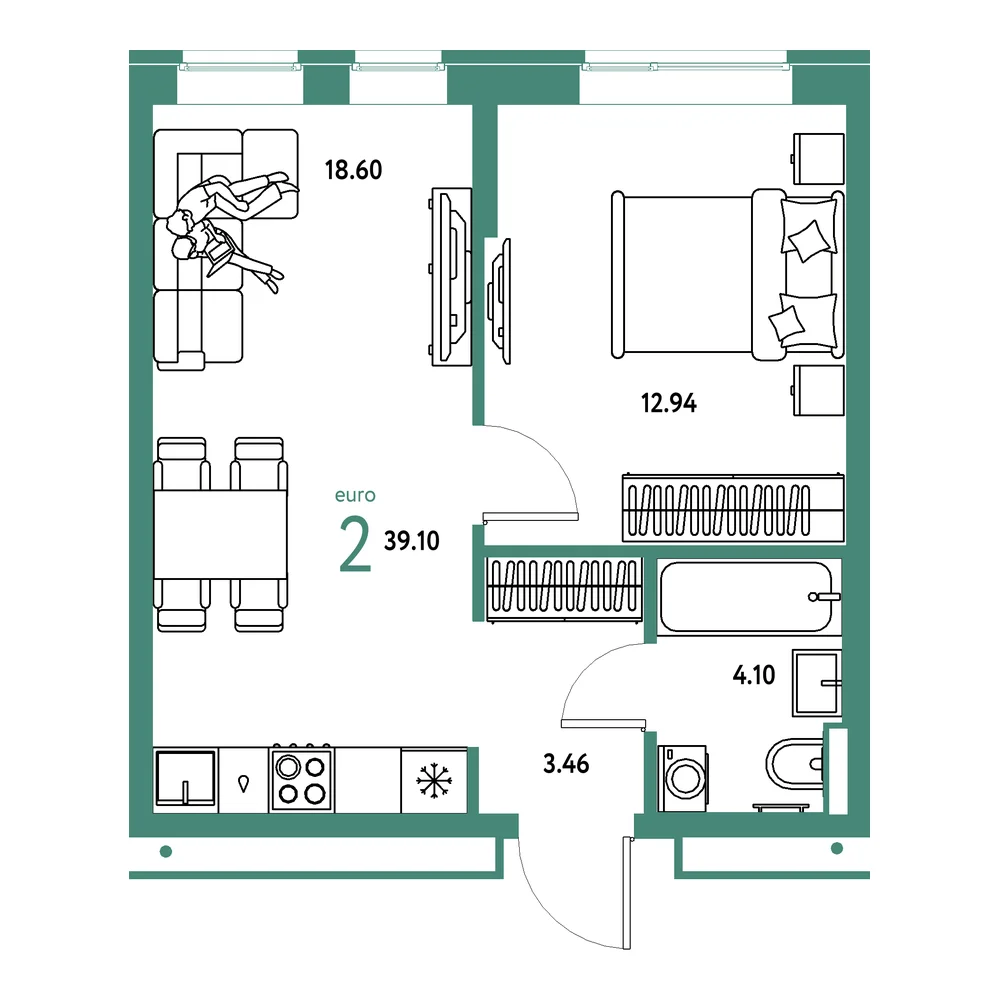 Планировка: Домашний 2-комнатная 39,10м²