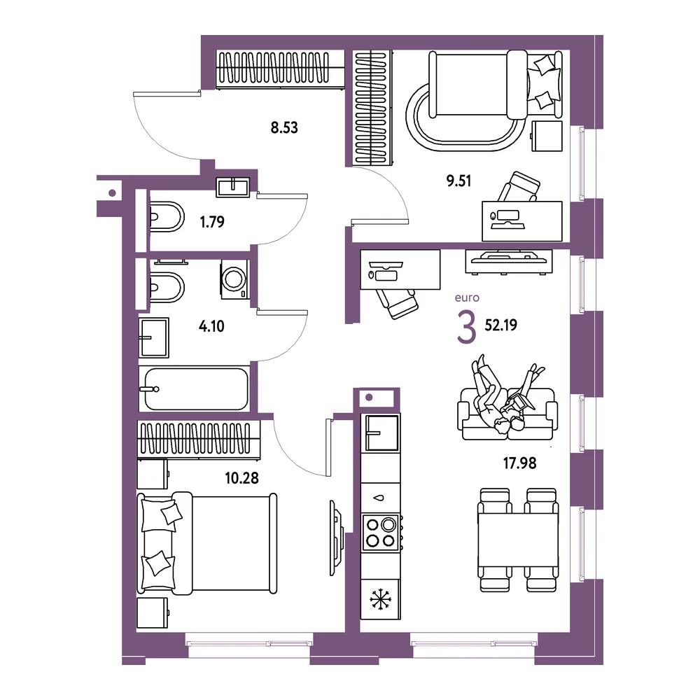 Планировка: Домашний 3-комнатная 52,19м²