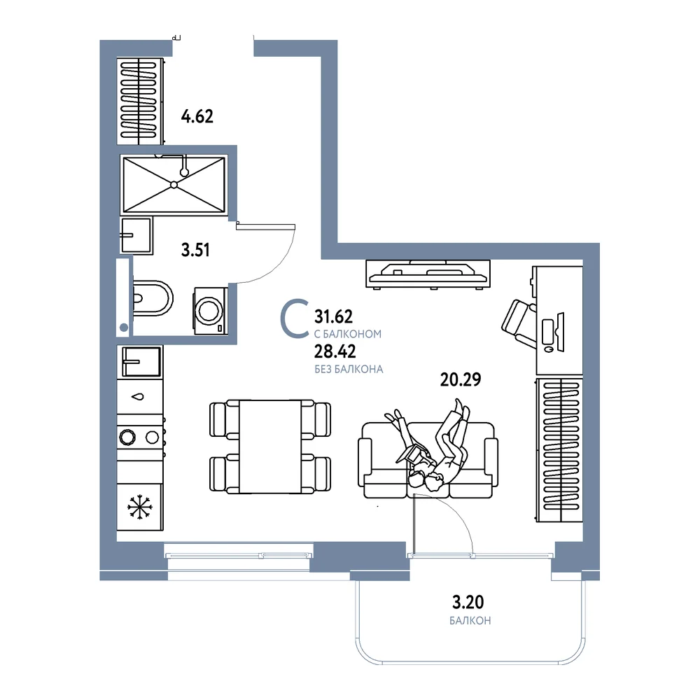 Планировка: Домашний Студия 31,62м²