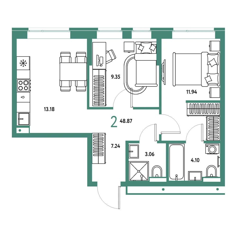 Планировка: Домашний 2-комнатная 48,87м²