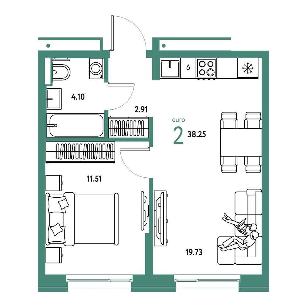 Планировка: Домашний 2-комнатная 38,25м²
