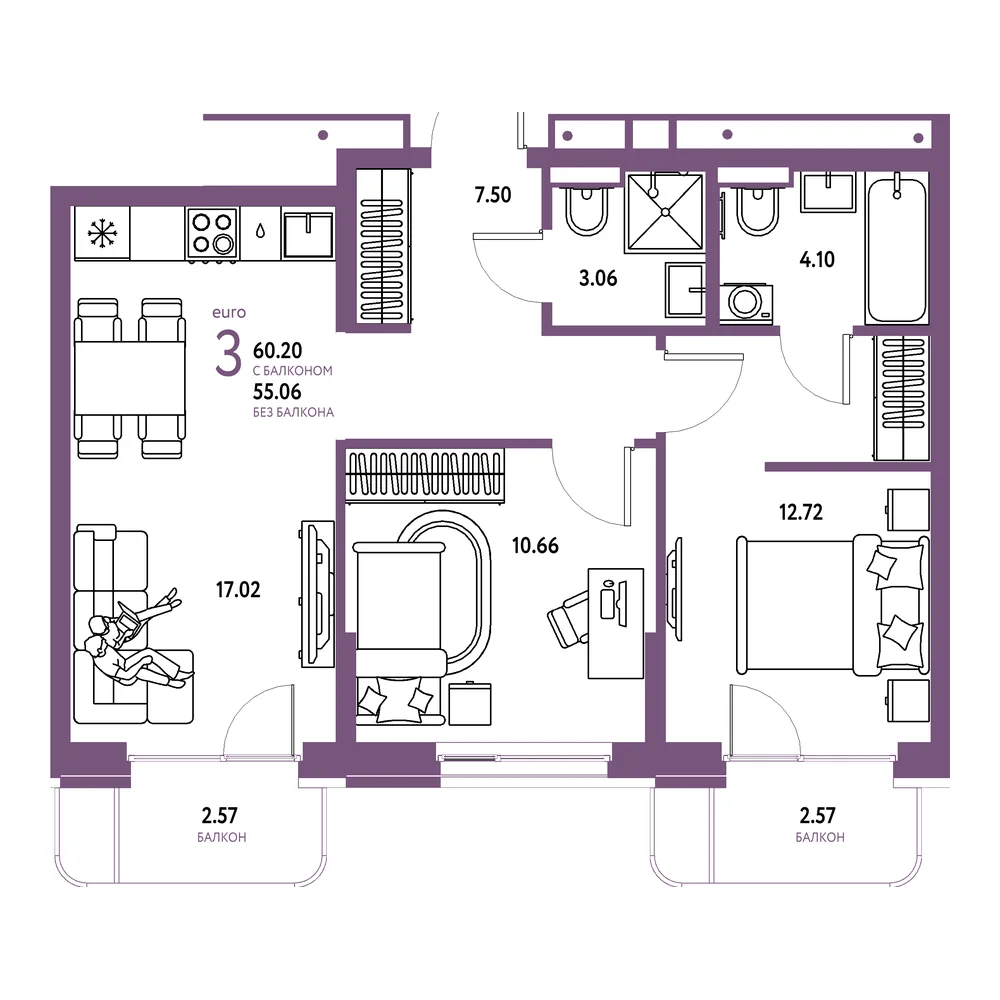 Планировка: Домашний 3-комнатная 60,20м²