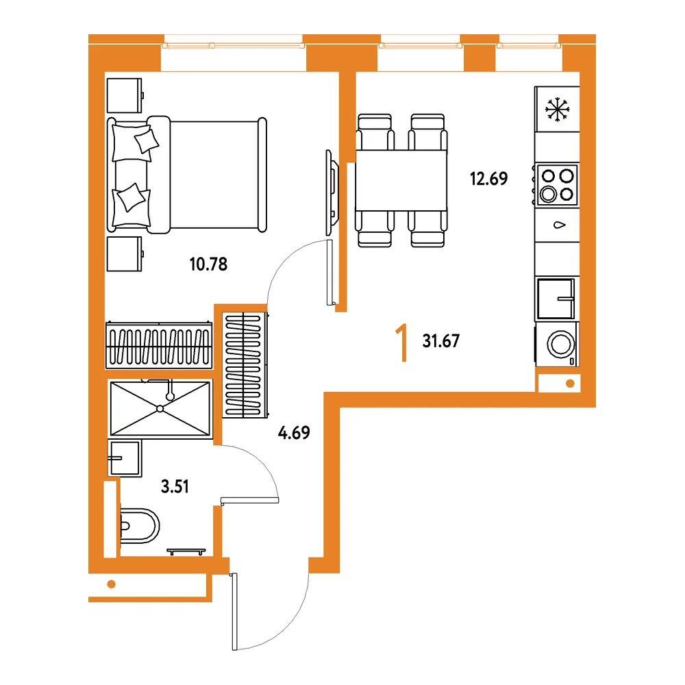 Планировка: Домашний 1-комнатная 31,67м²