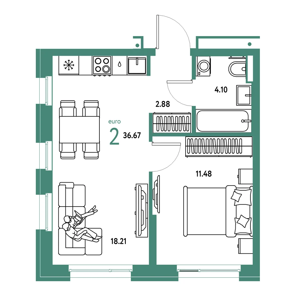 Планировка: Домашний 2-комнатная 36,67м²