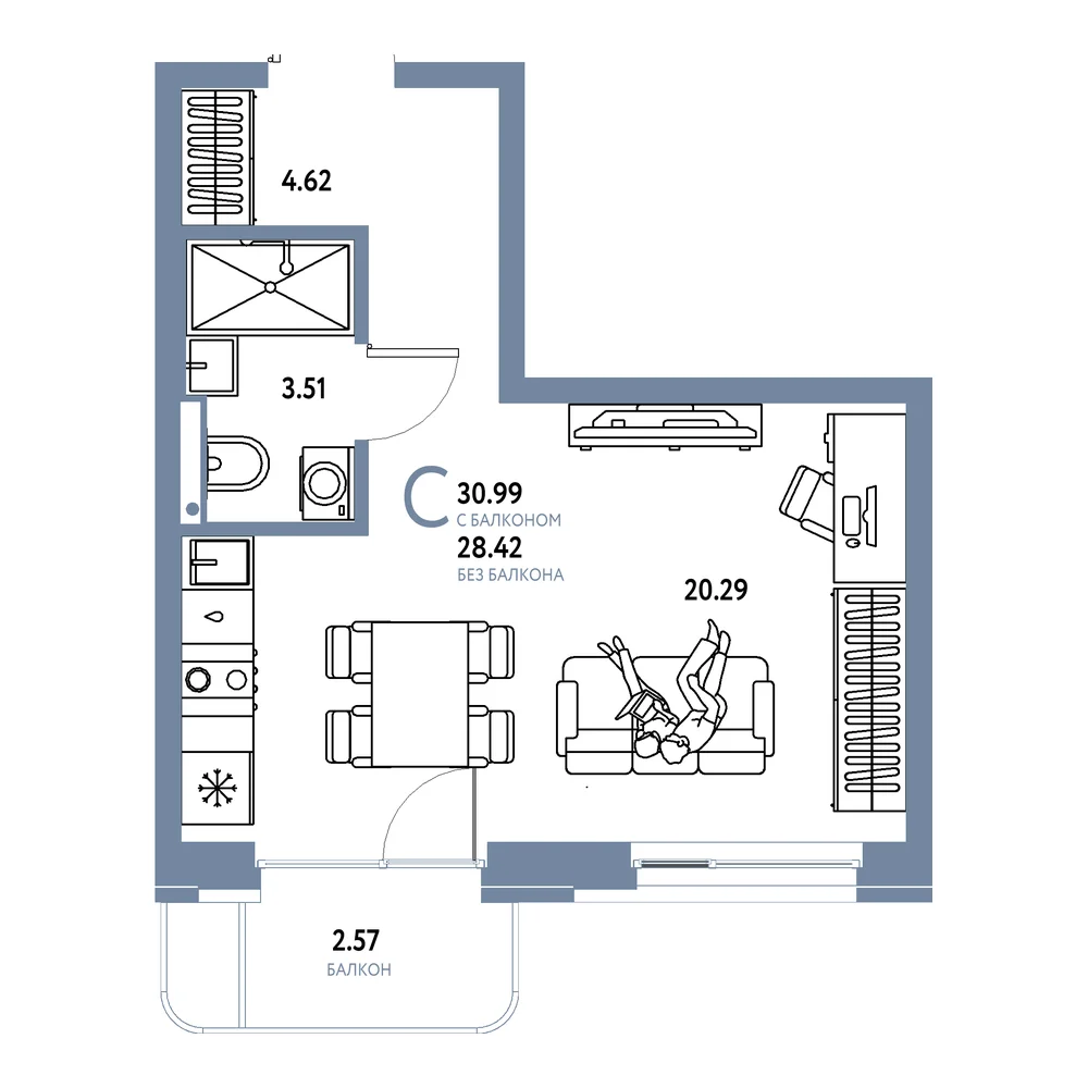 Планировка: Домашний Студия 30,99м²