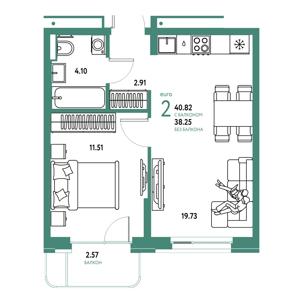 Планировка: Домашний 2-комнатная 40,82м²