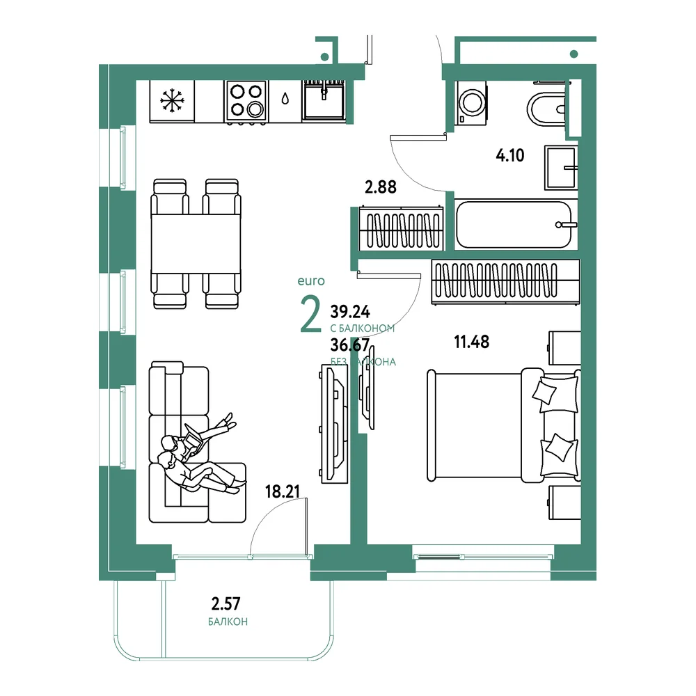 Планировка: Домашний 2-комнатная 39,24м²