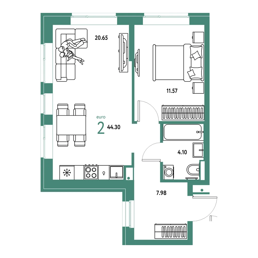 Планировка: Домашний 2-комнатная 44,30м²