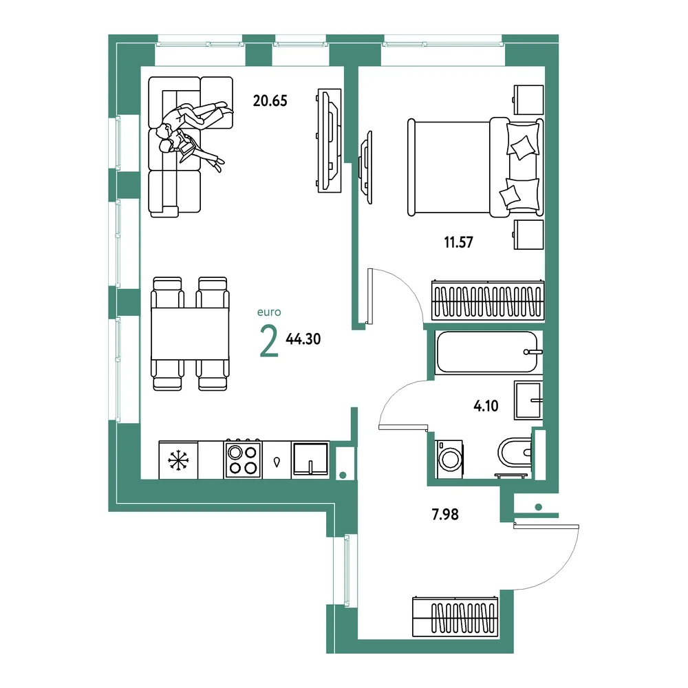 Планировка: Домашний 2-комнатная 44,30м²