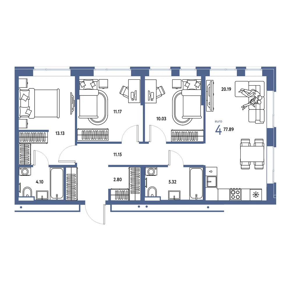 Планировка: Домашний 4-комнатная 77,89м²
