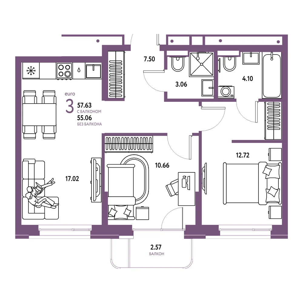 Планировка: Домашний 3-комнатная 57,63м²