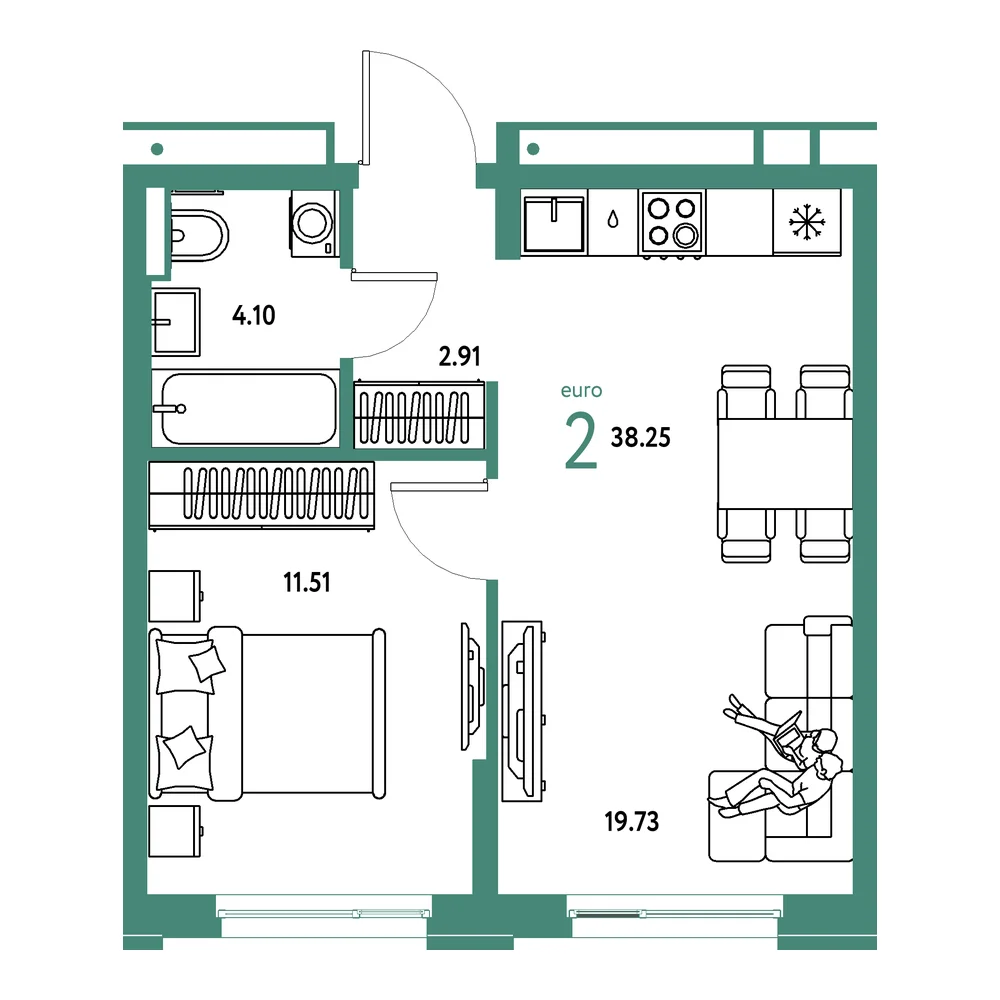 Планировка: Домашний 2-комнатная 38,25м²
