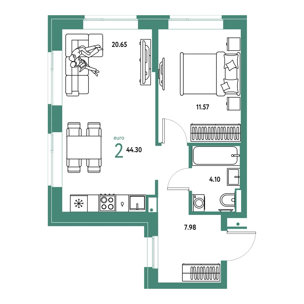 Планировка: Домашний 2-комнатная 44,30м²