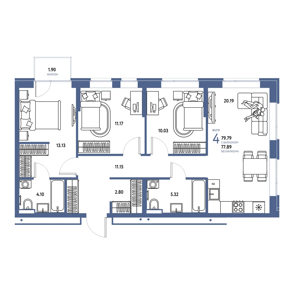 Планировка: Домашний 4-комнатная 79,79м²