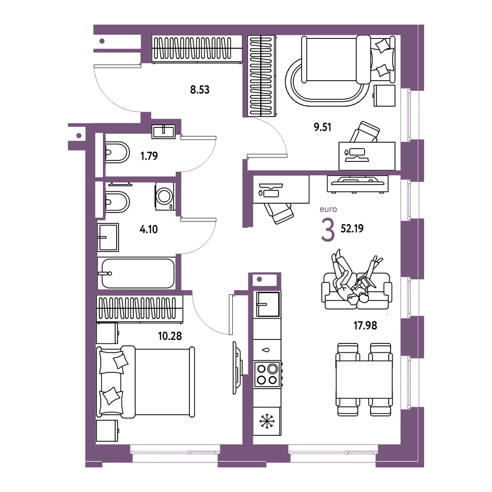 Планировка: Домашний 3-комнатная 52,19м²