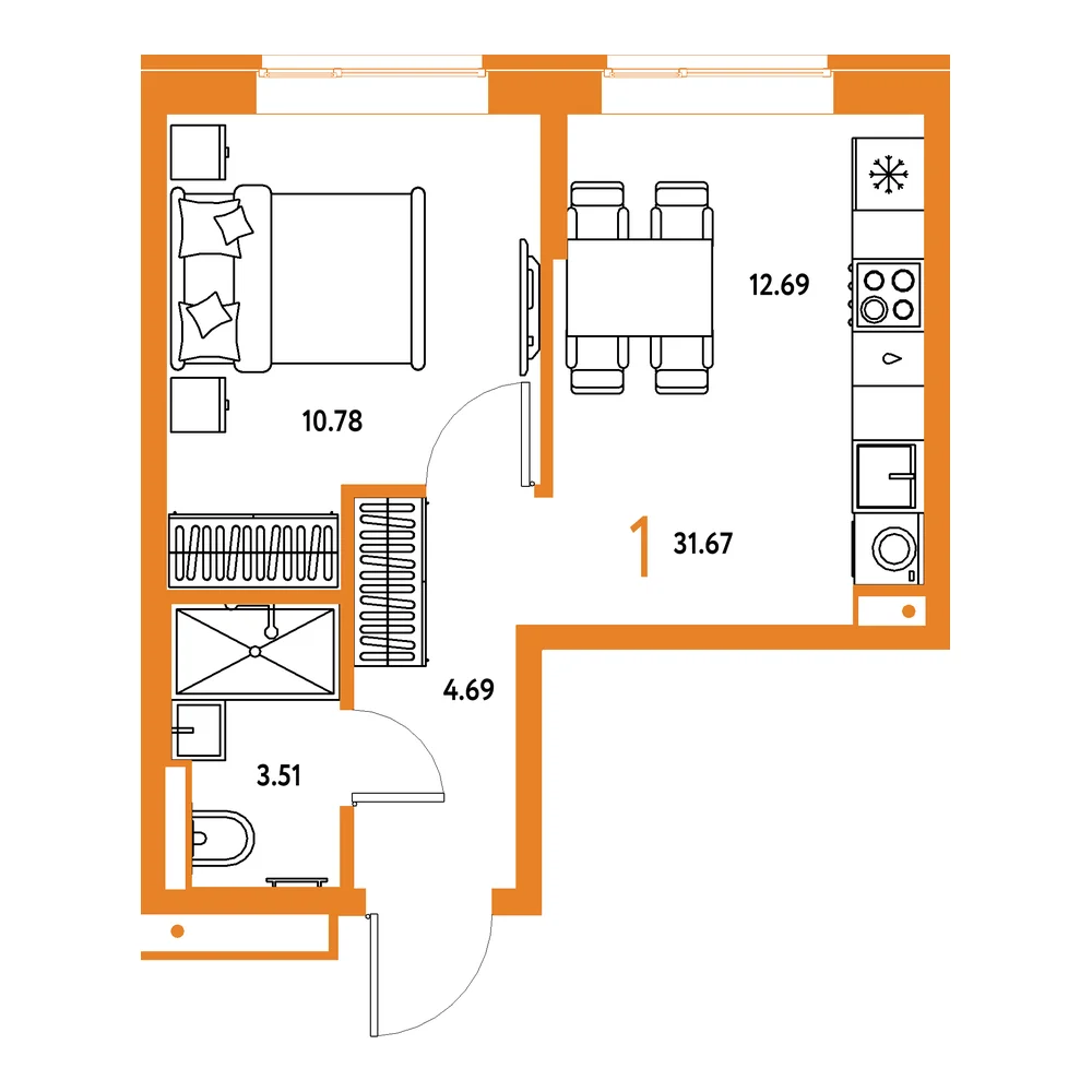 Планировка: Домашний 1-комнатная 31,67м²